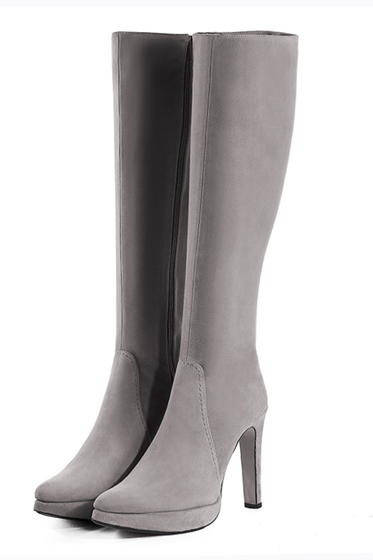 Pebble grey women's feminine knee-high boots. Tapered toe. Very high slim heel with a platform at the front. Made to measure. Front view - Florence KOOIJMAN